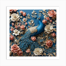 Peacock And Roses Art Print