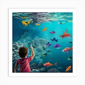 Child Looking At Fish In An Aquarium Art Print