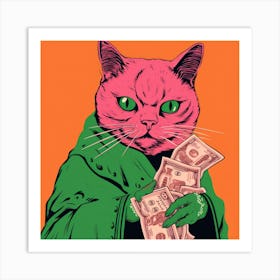 Pink Cat With Money Art Print