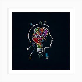 Abstract Vector Icon Illustrating A Human Head Bust With An Illuminating Light Bulb In The Forehead (5) Art Print