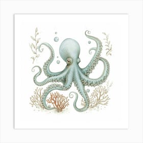 Cute Storybook Style Octopus With Plants 2 Art Print