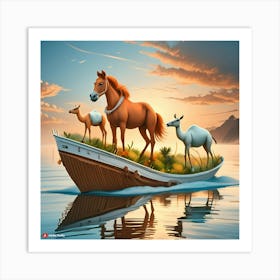 Horse And Camel On A Boat Art Print