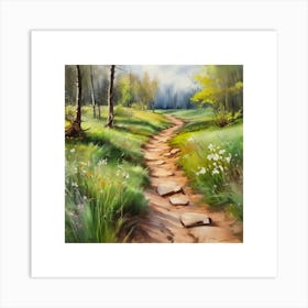 Path In The Woods.A dirt footpath in the forest. Spring season. Wild grasses on both ends of the path. Scattered rocks. Oil colors.1 Art Print