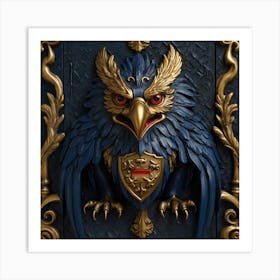 A mesmerizing coat of arms, featuring a striking eye at its center, is primarily adorned in the regal color of midnight blue. Two majestic griffins stand proudly on either side, with crossed weapons beneath them, all against a background shield. This detailed image, reminiscent of a medieval painting, exudes a sense of power and mystery. The craftsmanship is impeccable, with intricate details that command attention. The rich hues and intricate design make it a truly captivating and commanding piece of art. 1 Art Print