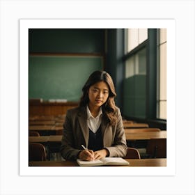 Asian Woman Writing In Notebook In Classroom Art Print