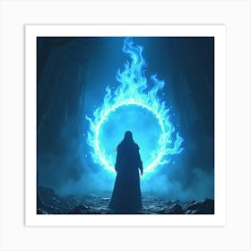 Warrior Standing Before A Portal Glowing With Blue Flames Art Print