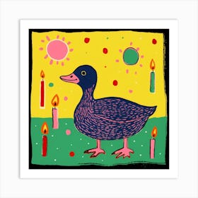 Colourful Birthday Duckling Linocut Style 1 Art Print