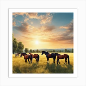 Horses In A Field At Sunset Art Print