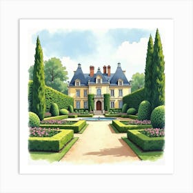 French Château Garden In Watercolor With Elegant Topiary And Formal Landscaping 1 Art Print