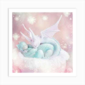 Baby Dragon Sleeping In Mothers Embrace Wings Gently Folded Both Enveloped In Soft Rolling Cloud Art Print