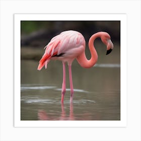 Elegant Flamingo Gracefully Wading In Shallow Water, Capturing Its Long Neck And Pink Plumage, Using Art Print