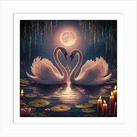 Swans In The Moonlight Art Print