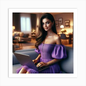 Beautiful Woman In Purple Dress Using Laptop Art Print