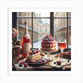 Table With Wine And Dessert Art Print