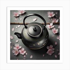 Firefly A Minimalistic Modern Rustic Beautiful Japanese Cast Iron Teapot, Illustration, A Few Sakura (5) Art Print