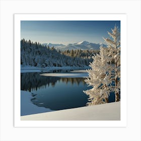 A Serene Winter Landscape With Snow Covered Trees, Frozen Lakes, And A Clear Blue Sky 1 Art Print