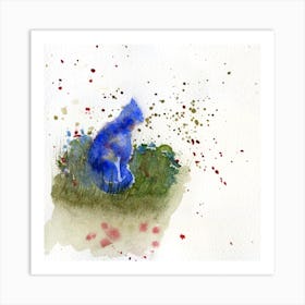 Blue Cat In Meadow Watercolor Painting Art Print