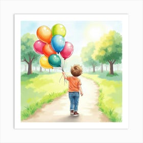 Watercolor Toddler Holding A Bouquet Of Colorful Balloons In A Sunny Park Art Print