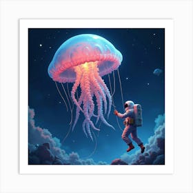 Watercolor Astronauts Floating Near A Giant Space Jellyfish Glowing In The Dark 1 Art Print