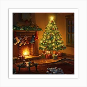 Cozy Christmas Eve Crackling Fireplace Casting A Soft Glow On The Elaborate Decorated Tree Toys Su (3) Art Print