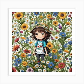 Girl In A Field Of Flowers Art Print