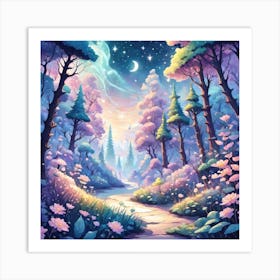 A Fantasy Forest With Twinkling Stars In Pastel Tone Square Composition 25 Art Print