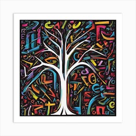 An Image Of A Tree With Letters On A Black Background, In The Style Of Bold Lines, Vivid Colors, Gra (1) Art Print