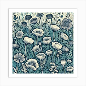 Linocut Flowers Meadow Art Print