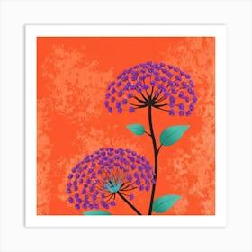 Purple Flowers On Orange Background Art Print