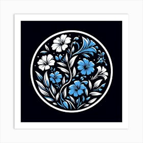 Blue And White Flowers In A Circle Art Print