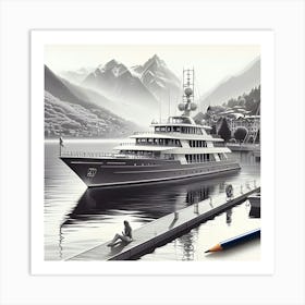 A Pencil Drawing Of A Luxury Yacht On A Lakefront 3 Art Print