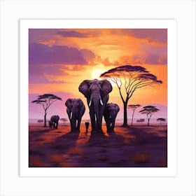 Elephants At Sunset paintings art print Art Print