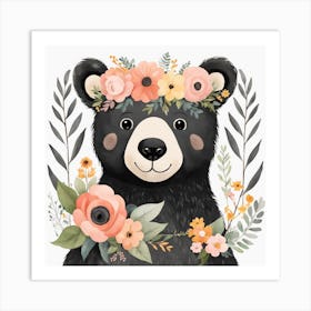 Floral Baby Black Bear Nursery Illustration (10) Art Print