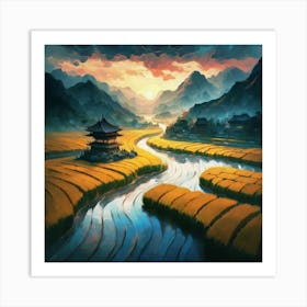 Beautiful views of rice fields, close to the river and surrounded by mountains, Art Print