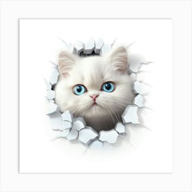 White Cat Peeking Through A Hole Art Print