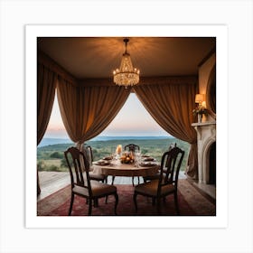 An Elegant Luxurious Tent Interior Features A Dining Table Set For A Meal With Curtains And Fireplace Creating A Cozy Atmosphere 2 Art Print