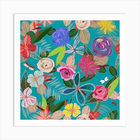 Vivid Colorful Botanical Flowers Pattern With Turquoise Background Square Art Print