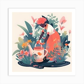 Watering Woman In The Garden Art Print