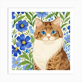 Cat With Blue Flowers 2 Art Print