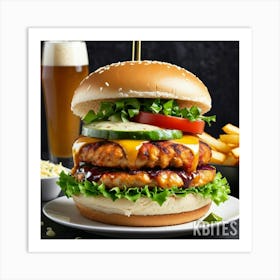 Chicken Burger With Fries And Beer Art Print