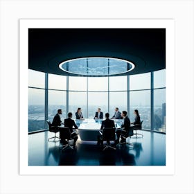 Business Team In Mid Strategizing Session Seated Around A Sleek Oval Glass Table Reflecting Ambien (4) Art Print