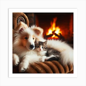 Dog And Kitten In Front Of Fireplace Art Print