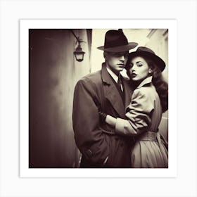 Rendezvous 3/4   (art noir detective Maltese falcon sleuth private dick eye pi trench coat couple romance secret desire 1950s 1940s 1930s 1920s movie black and white Casablanca)     Art Print