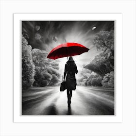 Woman With A Red Umbrella In The Rain Art Print