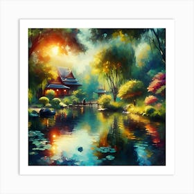 An Impressionist Style Watercolor Oil Painting Of A Tranquil Pond 1 Art Print