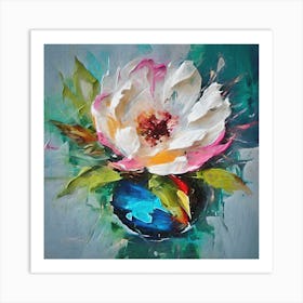 Impasto Magic Flower Bloom in Blue Vase Art Print