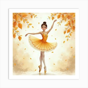 Graceful Ballerina Surrounded By Watercolor Golden Leaves 1 Art Print