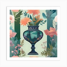 Flower Vase Decorated with Wooded Landscape, Blue, Green, Orange and Pink Art Print