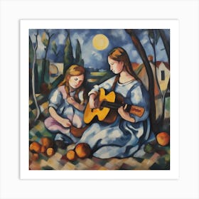 Girls Play Guittar Moonlight Art Print