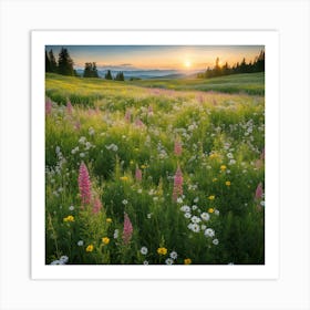 Wildflowers At Sunset, Landscape Of A Meadow With Wildflowers In Bloom art print 1 Art Print